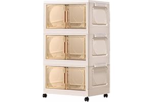 GEMMAHW Plastic Storage Boxes with Lids, 3 Tier Stackable Storage Tower with Front Opening Doors, Collapsible Storage Bin on Wheels for Home, Office, Bedroom, Kitchen, 20L / Tier