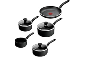 Tefal Titanium Essential 5pc Set: Saucepan 16/18/20 cm + Lids, Milkpan 14cm & Frying pan 24 cm, Non-Stick Coating, Metal Safe, All Hobs Compatible Except Induction, B941S544