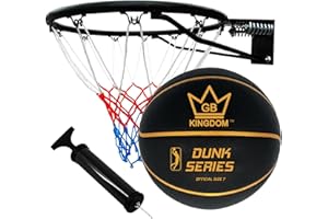 Kingdom GB Basketball Hoop Rim and Net with Ball & Pump Set Heavy Duty Spring Loaded METAL Ring Official Size Wall Mounted Fixings