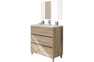MUEBLES PITARCH | Conjunto Mueble de Baño con Espejo Incluido, 80cm Ancho, con Patas, 3 Cajones, Blanco, para Lavabo encastrado, Estilo Moderno Modelo Kalma