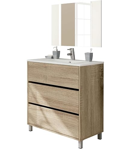 Lavabo Double Vasque En Céramique Avec Meuble En Bois De Manguier - Design élégant, 175 Cm, Gris/marron