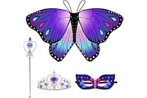 Landifor 4 Stück Kinder Schmetterling Flügel Schmetterlingsflügel Umhang mit Filzmaske Krone Zauberstab Schmetterling Kostümeset für Mädchen Geburtstag Geschenk Cosplay Party Zubehör（lila）