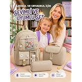 Kore Model 3&rsquo;l&uuml; Set İlkokul-Ortaokul &Ccedil;antası Kız, &Ccedil;ocuk Sırt &Ccedil;antası Okul &Ccedil;antası, Kız&Ccedil;ocuk Desenli İlkokul Ortaokul &Ccedil;antası,