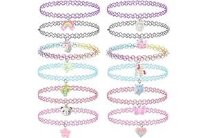HZAOPZE 12 pcs Süße Mädchen-Halskette, Choker Halskette Set für Teenager Mädchen, Anhänger Charme Einhorn Regenbogen Panda Katze Herz Blume Meerjungfrau Chokers Henna Tattoo Stretch elastisch