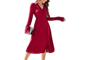 KOJOOIN Sukienka damska z długim rękawem, sukienka rekreacyjna, dekolt w serek, stójka, długość do kolan, sukienka midi, linia A, elegancka sukienka tunika (opakowanie wielokrotnego użytku)