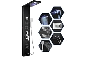 ROVOGO 7 Fonctions Noir Panneau Colonne de Douche Hydromassante - Lumières LED, Affichage de la Température, Pluie, Cascade, Jets de Massage, Douchette, Bec de Baignoir, Acier Inoxydable Montage Mural