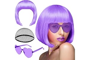 PLULON Purple Bob Wig and Sunglass Set, Neon Short Bob Wig Sunglass Pack Costume Colorful Cosplay Wig Hairpieces for Bachelorette Neon Party Favors, Halloween Decorations