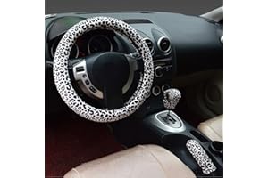 MAYCO BELL Miękki pokrowiec na kierownicę samochodową 3 w 1, wzór w panterkę, pokrowiec na uchwyt dźwigni hamulca ręcznego, osłona dźwigni drążka zmiany biegów, 38 cm, krótki, pluszowy, ciepły na zimę, do wszystkich samochodów, biały