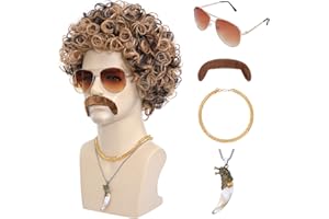 BETTECOS 6pcs Set 70s 80s Disco wig with Mustache Glasses Artificial Wolf Necklace Golden Chain Short Curly Hair Afro Mens Wig for 60s Rocker Hippies Costume Cosplay Halloween Party (Blonde Mixed Brown)
