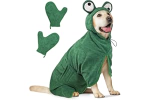 JOLOVE Dog Drying Coat Super Absorbent Dog Towels for Drying Dogs for After Bath Soft Dog Drying Towel Adjustable Dog Bathrobe for Bath, Swim, Wet Walk (Green Frog, L)
