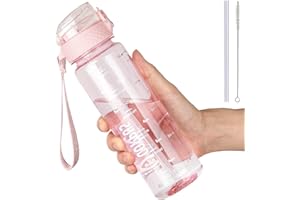 GOPPUS 500ml/17oz Kids Water Bottles with Straw Tritan Childrens Bottle with Flip Top Lid BPA Free Measured Drinks Bottles with Strap for School Girls Boys Sports Reusable Time Markings Leakproof