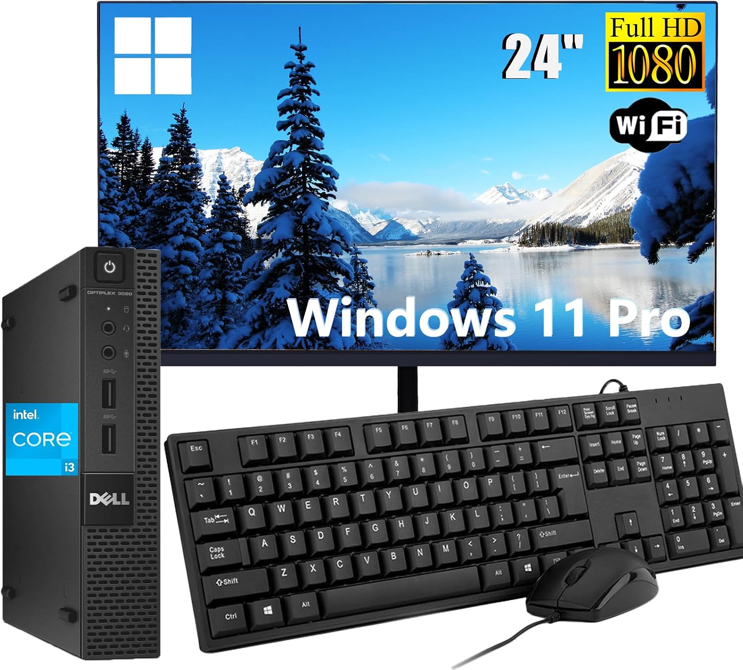 Dell Optiplex 3020 - Mini ordenador de sobremesa con pantalla de 24 pulgadas, Intel Core i3-4160, 8 GB de RAM, SSD de 128 GB, teclado QWERTY estadounidense, Wi-FI, Bluetooth, Windows 11 Pro