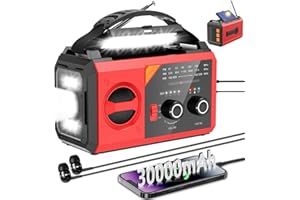 JTRYEMU Emergency Weather Radio with Wireless Speaker, 30000mAh 111000mWh, NOAA AM FM, Hand Crank, Solar Radio with Flashlight, Phone Charger, Compass, SOS Reading Lamp for Camping and Survival (Red)