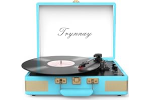 Trynnay Record Player 3 Speed Bluetooth Portable Suitcase Vinyl Player with Built-in Speakers Turntable Enhanced Audio Sound Waxed Leather Vintage Blue