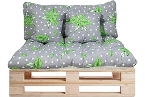 GREATOYAR Cojines Sofá Palets, Cojin Palet Fibra, Cojines Acolchados Palets, Cojín de Respaldo y Asiento, Conjunto 4 Piezas, para Jardín, Terraza, Balcón, Interior y Exterior, Gris y Hoja