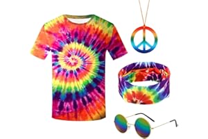 SAIIURV 4 Pcs Hippie Costumes T-Shirt, Sunglasses Peace Necklace Headband, Mens & Womens Pop Hippie 70s Disco, Rock Star Party, 1980s Fancy Dress for Retro Theme Party Cosplay Dress Up (Multicolor)