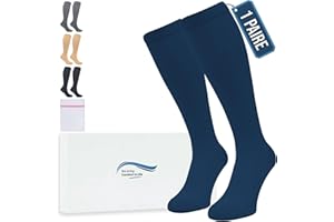 360 Relief Bas de Contention - 1 Paire Couleur Unie Chaussettes de Compression Femme et Homme - Idéales pour Vols, Voyages et Sports - S/M Bleu avec sac de lavage en maille