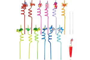 FINEASY 12 szt. plastikowych słomek dla dzieci z 2 szczotkami słomkowymi, plastikowe słomki wielokrotnego użytku, nowatorskie kręcone słomki imprezowe dla dzieci na urodziny