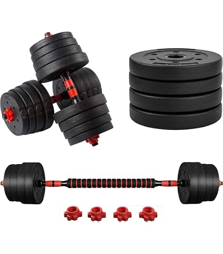 BREEZENEST 30kg Adjustable Dumbbell & Barbell Set | 2-in-1 Home Gym Strength Training With Connecting Bar (Black & Red)