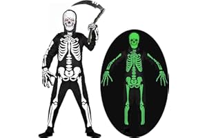 KYOEOE Skelett Kostüm Kinder mit Sense Accessoire Set,Halloween Kostüm Skelett Glow in the Dark Jungen Mädchen Kostüme Sensenmann Grim Reaper für Halloween Karneval Skelett Fancy Dress Up
