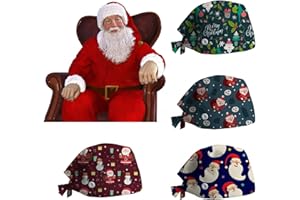 PAIDAXING 4 Pack Scrub Cap Unisex Adjustable Bouffant Hats Working Cap Christmas Elk Santa Snowflake Reindeer Printed Bouffant Turban Cap Doctor Cap with Sweatband Button for Beauty Worker Personal Care Supplie