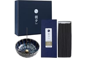 Asayu Japan Set de Varillas de incieso japonés de Bajo Humo y Portaincienso de Cerámica - Incienso con Aroma a Sándalo + Portaincienso Azul con Forma Flor de Loto, Regalo Yoga y Relax