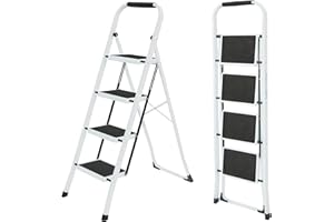 UZIRO Escalera Plegable 4 Peldaños -Estructura de Acero y Peldaño Antideslizante - Asa Superior de Goma - Escaleras Plegables Domésticas - Step Ladder para Hogar (Blanco, 4 Pedaños)