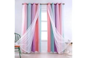 OKYUK Kinder-Verdunkelungsvorhänge mit bunten Sternen - Maschinenwaschbare Vorhänge für das Mädchenzimmer, die Geräuschreduzierung bieten und dekorativ sind (Grün-Rosa-Lila, 52" Lx63 W)