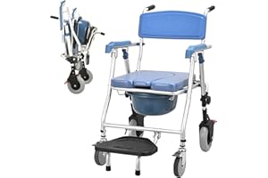 ‎VFDZ Duschstuhl für Senioren Klappbar, Toilettenstuhl Fahrbar mit Rollen, Duschsitz mit Armlehnen und Rückenlehne, Toilettenstühle für Behinderte, Tragfähigkeit 150kg Blau