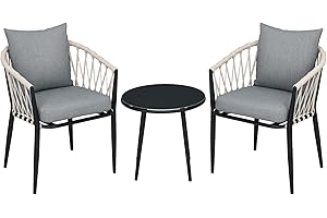 Outsunny Salon de Jardin 2 Personnes 3 pièces 2 fauteuils avec Coussins + Table Basse Ronde Plateau Verre trempé Corde tressée et métal Gris