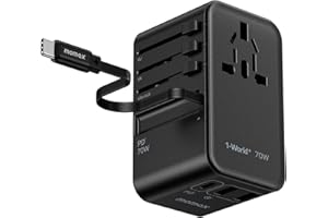 MOMAX Uniwersalny adapter wtyczki, 70 W GaN USB C z kablem do szybkiego ładowania, uniwersalny adapter do mocowania z 2 USB A 2 USB C, adaptery do USA, Wielkiej Brytanii, Japonii itp