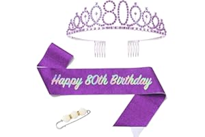 POPOYU Banda y tiara de reina de 80 cumpleaños, corona y banda morada de 80 cumpleaños para ella, accesorios de fiesta de cumpleaños 80, juego de disfraz de corona de cumpleaños para mujer, regalos de