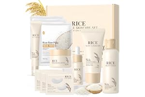 SHOPPGO Riso Kit Skincare Viso Completo, 11 Pezzi Riso Skincare Kit, con Crema Viso Donna, Siero Idratante Viso, Eye Cream, Patch Occhi Essence, Cleanser, Tonico, Face Mask, Nutriente e Idratante