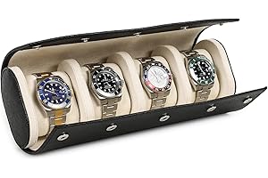 Hiram Watch Roll Case 4 Watches Storage Travel Case Genuine Saffiano Leather Travel Watch Organizer Storage Box (Black)