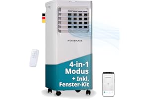 Könighaus Smarte Mobile Klimaanlage | Schnell & Effizient (A) | 4-in-1: Kühlung + Entfeuchter + Ventilator + Luftreiniger | Steuerung per Fernbedienung & Alexa | 7000 BTU Klimagerät (2,1 kW)