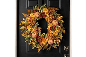 CCUUHJ Autumn Hydrangea Pumkins Fall Wreaths for Front Door 45 CM Artificial Door Wreath for Thanksgiving Harvest Halloween Decorations Wall Window Party Wedding Decor Indoor Outdoor (Orange)