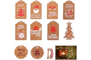 JOKILY 100 Stück Weihnachten Kraftpapier Etiketten, Weihnachtsgeschenkanhänger, Geschenkanhänger Kraftpapier Tags Anhängeschilder mit 10m Hanfseil + 10m Rotes Seil für Dekorieren von Weihnachtsbaum