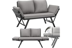 TecTake® Sofa Exterior terraza poliratán 2 en 1, Hamaca, Tumbona con Cojines Gruesos, Muebles terraza Exterior, Sofa Jardin Exterior, Sillon terraza - Gris Claro/Negro