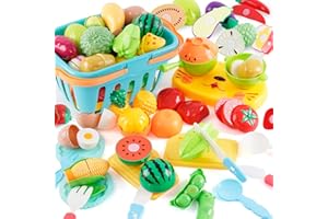 FORROBY 44 Pezzi Cucina Giocattolo per Bambini,Accessori Giochi Cucina con Frutta, Verdura, stoviglie e Cesto Portaoggetti,Frutta Verdura Giocattoli da Taglio,Cibo Giocattolo per Bambini dai 3 Anni in su