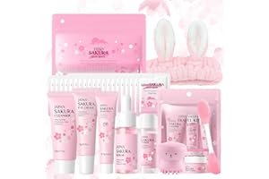 DONGCILL 29 Pièces Sakura Ensemble de Soins de la Peau, avec Crème Nettoyante, Toner, Sérum, Masque de Boue, Coffret Cadeau de Soins de la Peau pour Adolescentes et Femmes