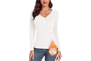 WOWENY Damen Oberteil Thermo Langarm Winter Langarmshirts Thermohemd mit Spitze V-Ausschnitt Warme Unterhemd Elegant Shirt Tshirts,