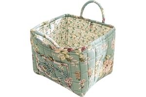 SYLET Quilted Fabric Storage Basket with Handles – Boho Foldable Floral Organizer Bin for Home, Picnic, Shopping, Travel 13"x11"x10" (Green Cottage)