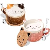 2 Sets Cute Ceramic Cat Cups with Lids Personalised Gifts for Women Girls Best Friend Cat Lovers Funny Coffee Tea Cups Set Birthday Gift Thank You Gifts Christmas