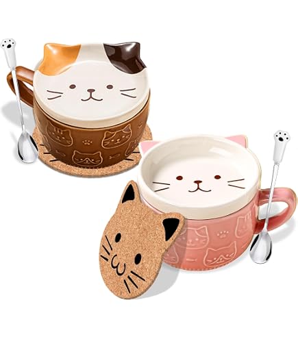 Katzen-Tasse Mit Deckel, Löffel & Untersetzer – 300 Ml Keramik, 3D-Kawaii-Design, Rosa | Süßes Geschenk Für Katzenliebhaber, Mikrowellen- & Spülmaschinenfest