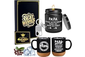 Puddry Vatertagsgeschenk für Papa, Beste Geschenk für Papa, Geschenk Vatertag, Tasse mit Deckel, PAPA Schlüsselanhänger mit Gravur, Duftkerze, Geschenke Weihnachten Geburtstagsgeschenk