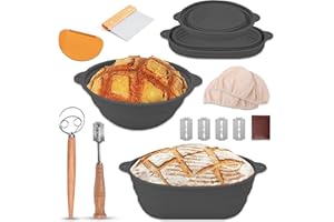 YAANI Cestini per lievitazione del pane in silicone, rotondi da 23 cm e ovali da 25 cm, pieghevoli, frusta per pasta, raschietto in acciaio, raschietto in silicone, kit per pasta madre (Grigio)