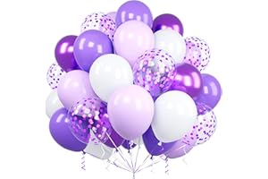 Ousuga Ballons Violet et Blanc, 60 Pièces 12 Pouces Métallisé Chrome Violet Foncé Confettis Latex Hélium Ballon avec Ruban pour Garçons Enfant Fête Anniversaire Baby Shower Mariage Baptême Décoration