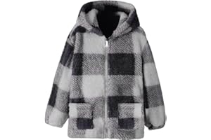 MEIHAOYIT Fleecejacke Mädchen Winterjacke Plüsch Warm Kinderjacke Gitter Langarm Tops Reißverschluss Lange Dicke Oberteile Unisex Parka Herbst Mäntel für Mädchen mit Kapuze und Tasche 8-14 Jahre