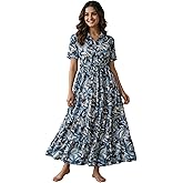 Bollyclues Women’s Crepe Fabric Printed Maxi Dress for Women| Lightweight, Breathable & Flowy | Short Sleeve Button-Down Casu