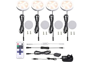 AIBOO LED Kitchen Under Cabinet Lighting Kit Dimmable with Wireless RF Remote,UK Plug,4 Pack Round Display 240V LED Puck Lights,8W Under Cupboard Counter Shelf Lights(Warm White 2700K)